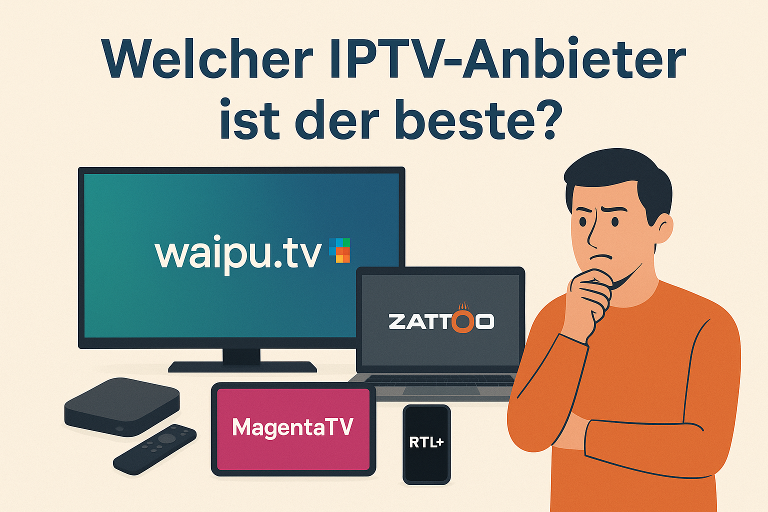 Welcher IPTV-Anbieter ist der beste? Vergleich von IPTV-Diensten wie waipu.tv, Zattoo und MagentaTV auf verschiedenen Geräten im Jahr 2025.
